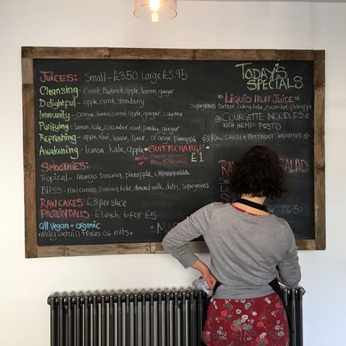 great vegan blackboard menu  at Primrose Natural Foods and Juice Bar in Chelmsford