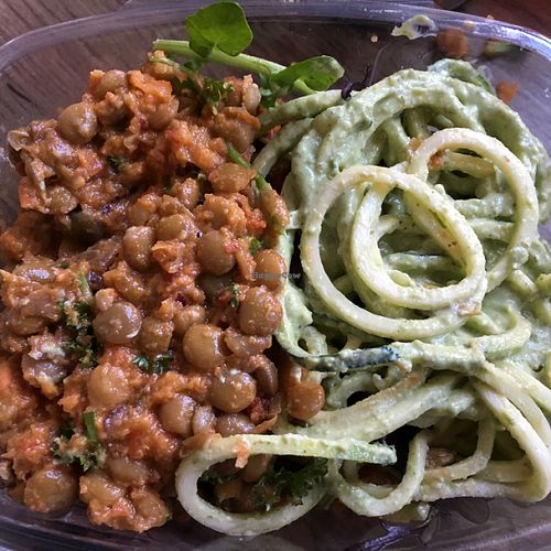raw vegan chilli and hemp pesto with courgette noodles.  at Primrose Natural Foods and Juice Bar in Chelmsford
