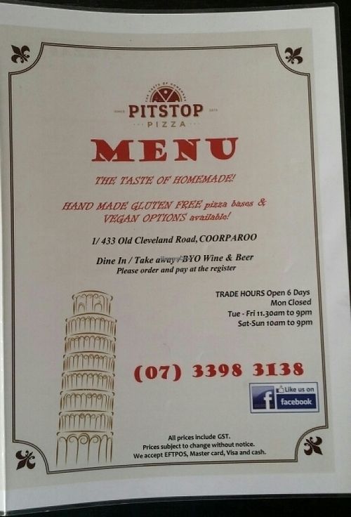 menu 1 at Pitstop Pizza in Coorparoo