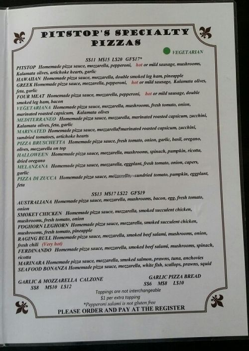menu 4 at Pitstop Pizza in Coorparoo