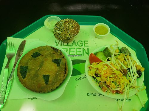 My lunch: seaweed pie + salad from the salad bar. Came with bread and vegan butter. at Village Green in Jerusalem