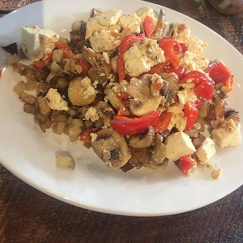 Tofu scramble with mushrooms & red peppers  at Tree of Life Cafe & Bakery in Fresno