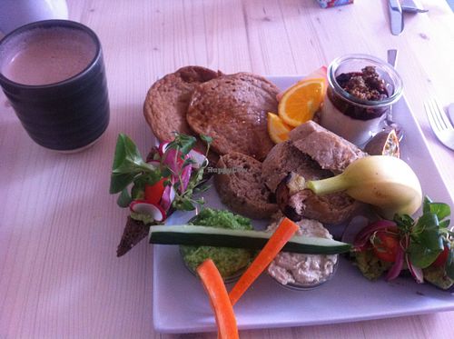 Regular brunch plate with hot cocoa - the plate can also be ordered as a gluten-free option. at Souls in Copenhagen
