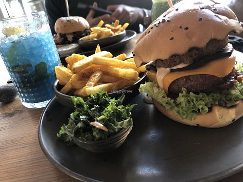 ”Bacon cheese” burger, Golden fries and blue lemonade  at Souls in Copenhagen