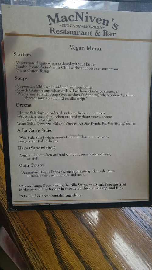 Vegan menu!  at MacNiven's Restaurant and Bar in Indianapolis