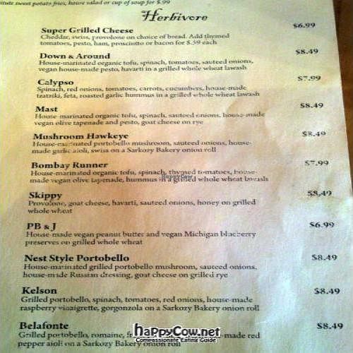 Menu sampling listing only their veggie sandwiches.  The full menu is much more expansive. at Crow's Nest in Kalamazoo