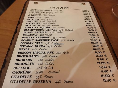 The gin menu  at El Maderal in Barcelona