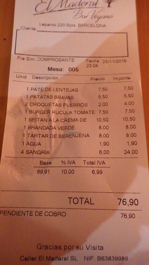 The bill please... at El Maderal in Barcelona