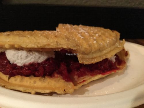Vegan, low-sugar raspberry waffle sandwich with coconut whip at Smaaken Waffle Sandwiches - Food Truck in Portland
