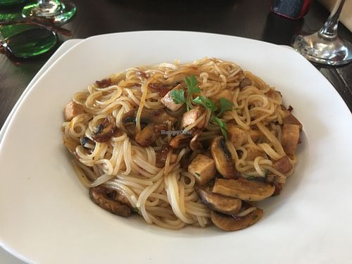 Rice “spaghetti” with tofu, mushroom and Tamari soy sauce  at Restaurante El Jardin in San Jose
