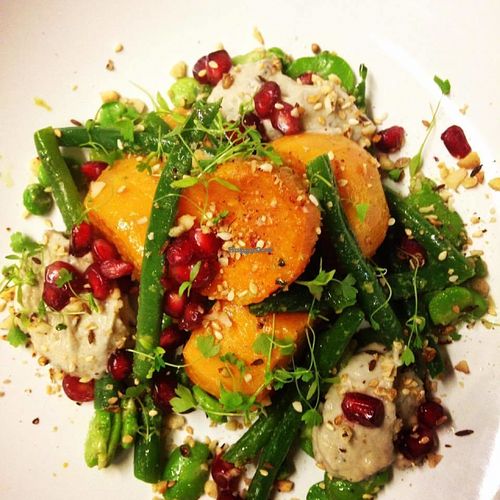 Sweet potato, green & broad beans, babaganoush, pommegranite, olive dressing, dukkah at Distill in Glasgow