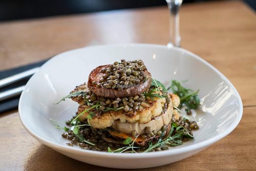 Butternut Squash Stack with Sweet Potato, Cauliflower and puy lentils at Distill in Glasgow