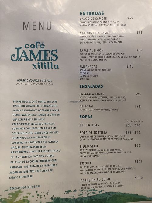 Menu at Cafe James Xilitla in Xilitla