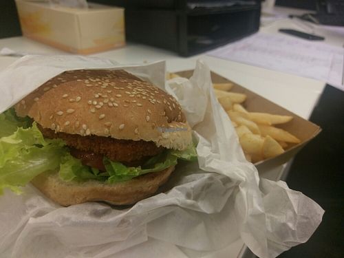 vegan chick'n burger & chips  at Swampdog Fish and Chips in Brisbane