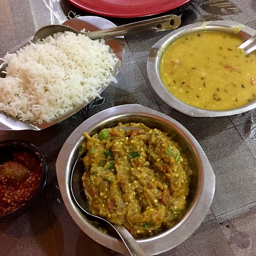 Curries with rice at New Satkar Vegetarian Restaurant in Kathmandu