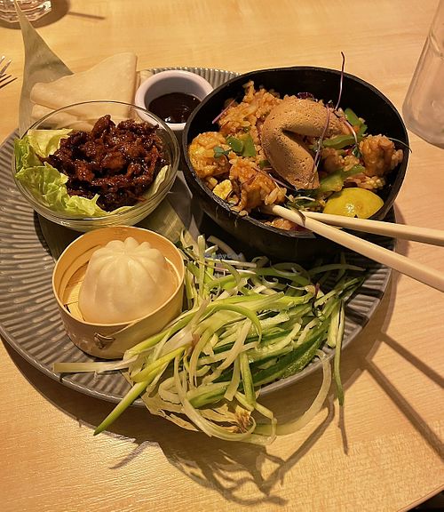 China Town: DIY hoisin seitan rolls; bao bun and spicy rice, veg and tofu dish  at Voltaire in Bangor