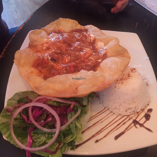 9bean chilli (the fancy sour cream that was drizzled on top had been mixed in by my husband before pic)  at Voltaire in Bangor