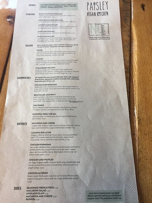 Menu at Paisley Vegan Kitchen in Cocoa
