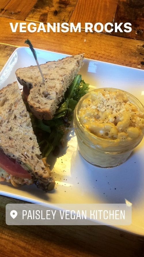 Chickpea salad sandwich and a side of macaroni and cheese at Paisley Vegan Kitchen in Cocoa