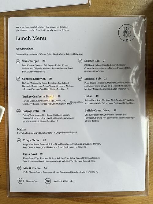 Lunch menu  at Plant Matter Kitchen in London