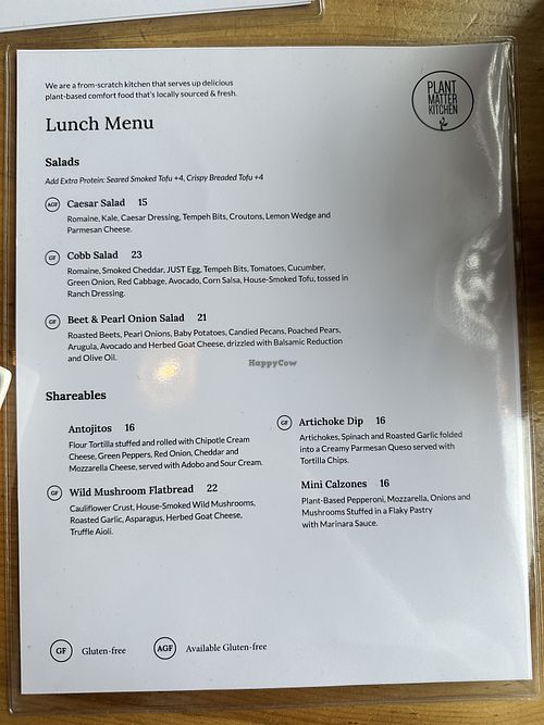 Lunch menu  at Plant Matter Kitchen in London