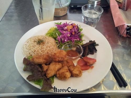 Fried soy meat and brown rice at Vegan Healing Cafe in Tokyo