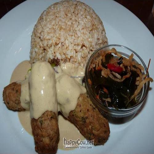Tempe sausages with brown rice. at Vegan Healing Cafe in Tokyo
