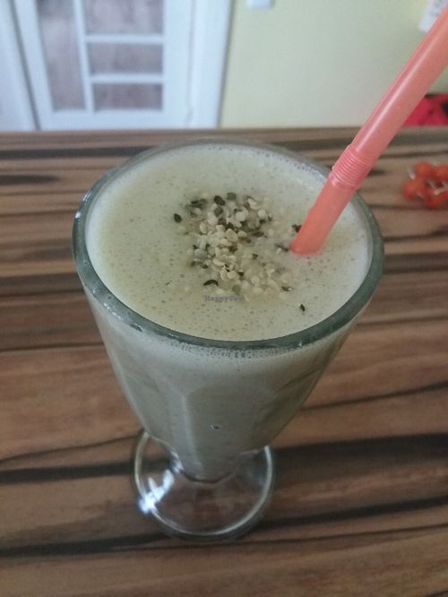 Protein smoothie= banana, dates, chia seeds, almond milk, hemp seeds at Miau in Bucharest