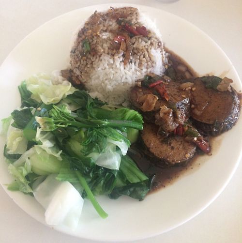 Vegan scallops with rice and book choy at Loving Hut in Fresno