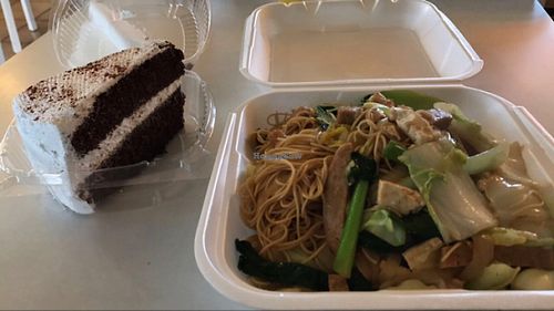 cake & chowmein  at Loving Hut in Fresno