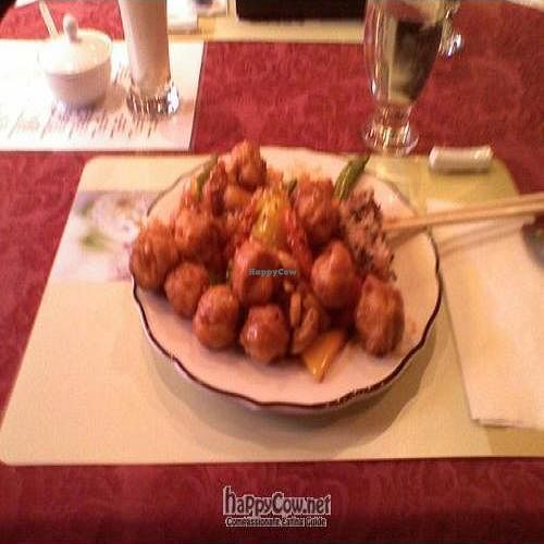 The entree called Sweet & Sour Bites. A TVP style chicken ball with a sugary and delicious red sauce. at Affinity in Hamilton