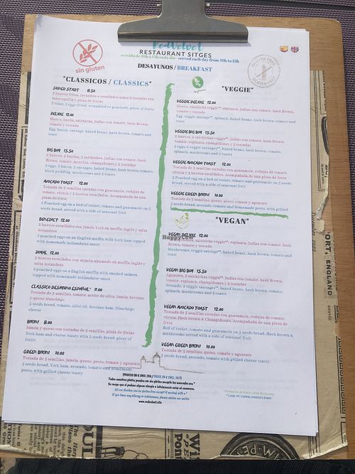 Breakfast menu (nov/2019) at La Tabla De Sitges in Sitges