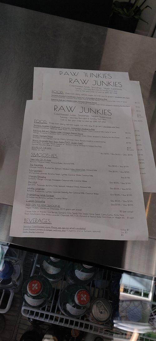 Menu at Raw Junkies in Studio City