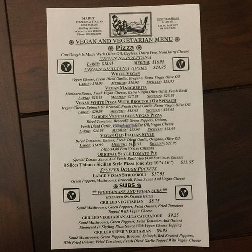 Vegan Menu (Back) at Mario's Pizza in Ocean City