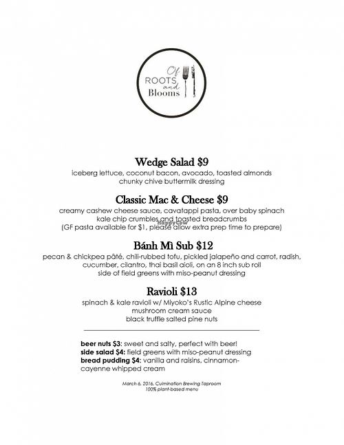 Menu at Of Roots and Blooms - Pop-up in Portland