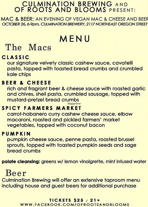 Mac and cheese menu at Of Roots and Blooms - Pop-up in Portland