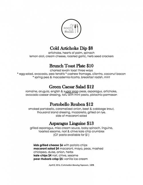 Menu 4-8-16 at Of Roots and Blooms - Pop-up in Portland