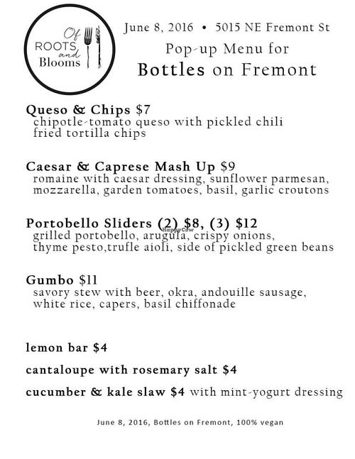 Menu at Of Roots and Blooms - Pop-up in Portland