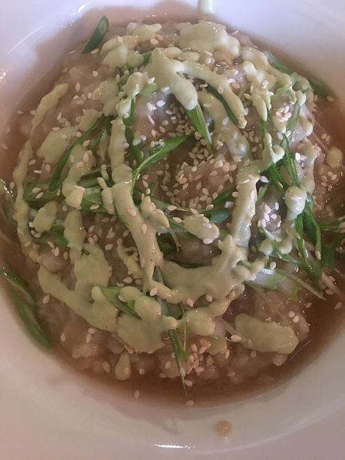 Risotto with ginger avocado cream, lemongrass and green tea Broth, sesame  at Of Roots and Blooms - Pop-up in Portland