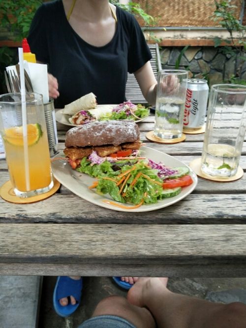 crispy tofu sandwich and wrap.  with vegan coleslaw at Jack's Cat Cafe in Hoi An
