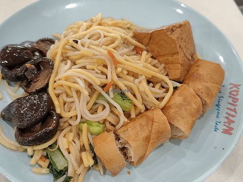 Noodles with mushroom, spring roll and tau kwa at Singapore General Hospital - Vegetarian Stall in Central Singapore
