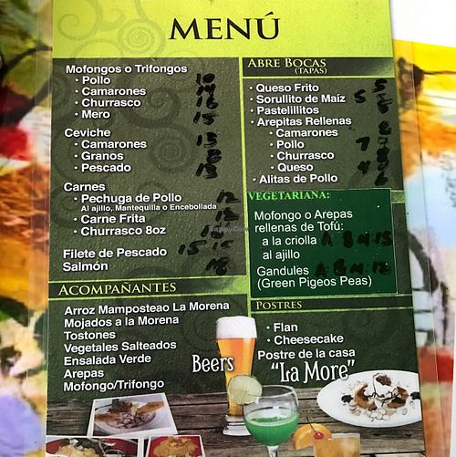 Vegetarian menu is actually vegan, there are other vegan options on the menu too! at La Morena Bar and Restaurant in Lares