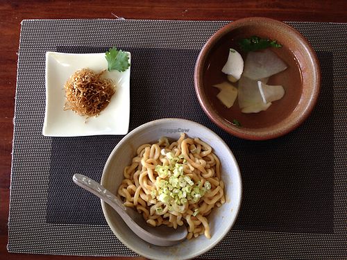 Spicy noodles + Daily soup + extra appetizer at Hsia An Chu Vegetarian in Taitung