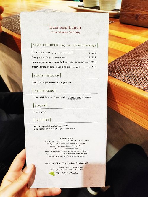 Lunch menu at Hsia An Chu Vegetarian in Taitung