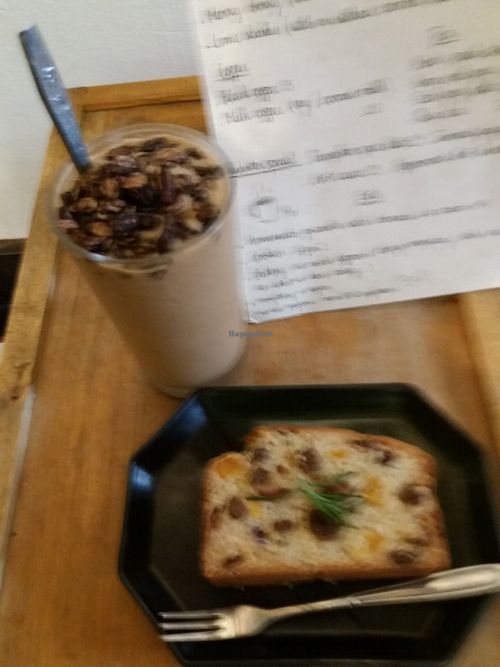 Banana and peanut butter smootie and fruit cake at La Studio in Hanoi