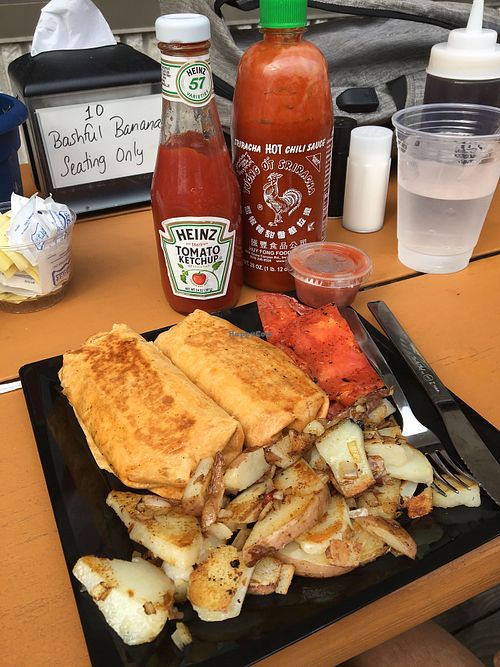 Burrito Duo with grilled tomatoes and home fries at Bashful Banana in Ocean City