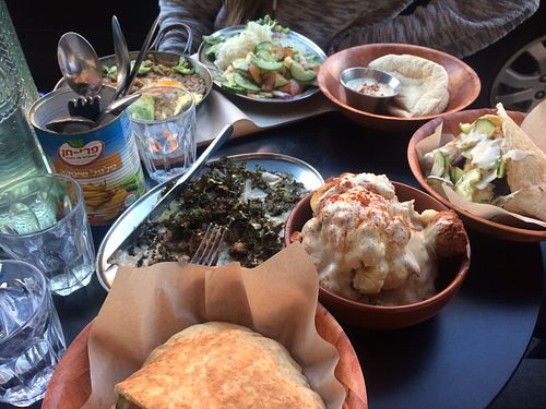 Eggplant salad (amazing), baked cauliflower, shuit  at Tahina in Northcote