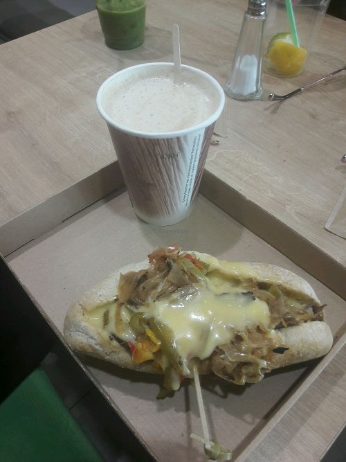 Philly cheesesteak and cappuccino at Vegan Love in Budapest