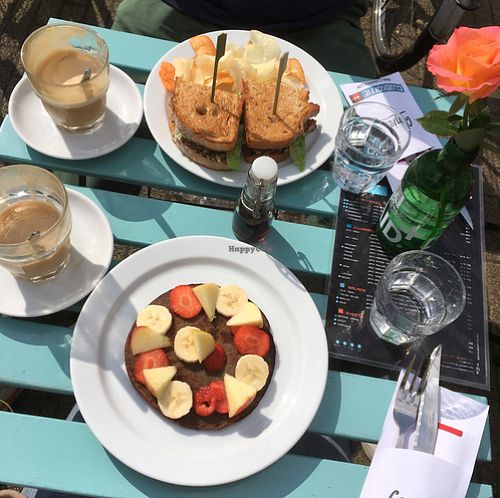 vegan pancakes and sandwich with vegan tuna salad  at Club Koffie in Amsterdam