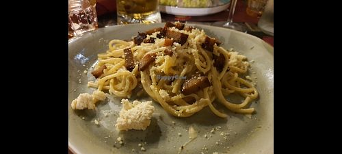 Spaghetti alla carbonara, with vegan parmesan cheess at Rifugio Romano in Rome